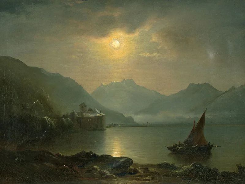 1809-Carl Friedrich Seiffert - Chiaro di luna sul castello di Chillon sul lago di Ginevra (1875)
